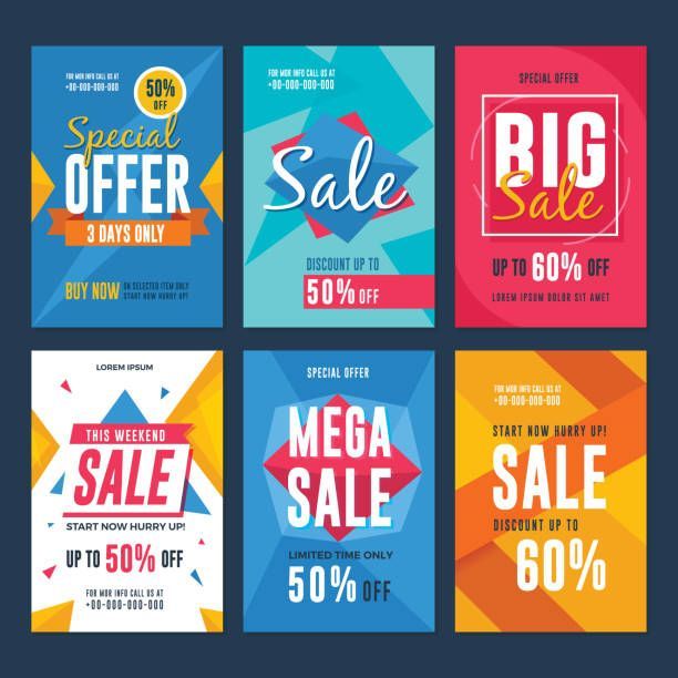 A set of six colorful sale posters with different offers
