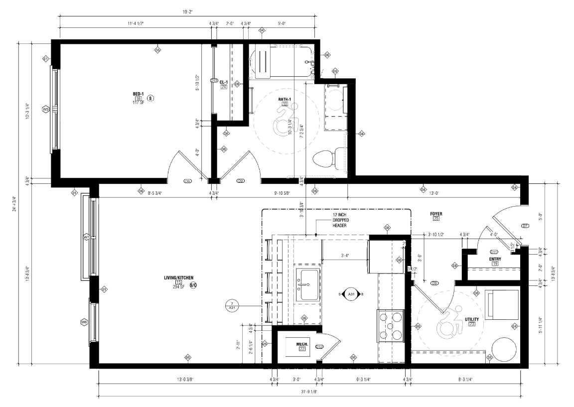 Floor Plan: 1 Bed · 1 Bath · 688 SF