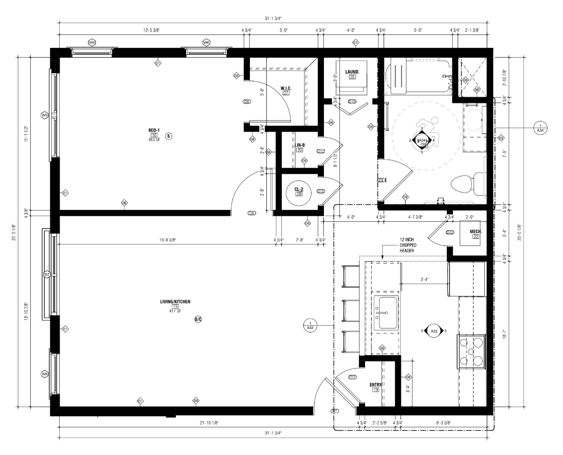 Floor Plan: 1 Bed · 1 Bath · 807 SF