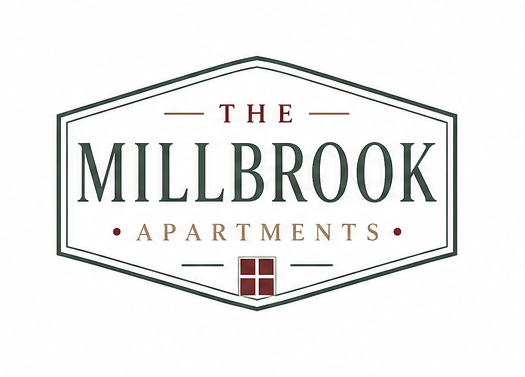 The Millbrook Apartments logo in gray and red inside a hexagonal border