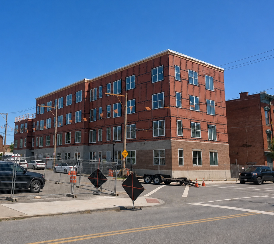 Red brick apartment building on a sunny street corner with parked trucks and roadwork signs.