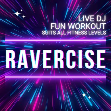 A poster that says live dj fun workout suits all fitness levels