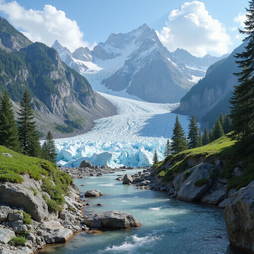 Glacier in a mountain valley with a bright blue river, surrounded by rocks, trees and snow-capped peaks.