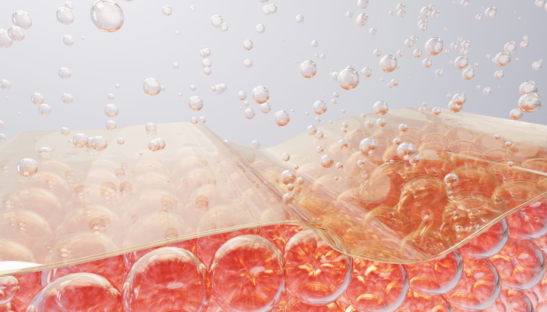 Illustration of skin layers, with bubbles rising and transparent sheets overlaid.
