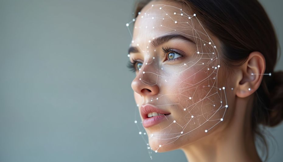 Woman with a connected digital overlay on her face, against a gray background.