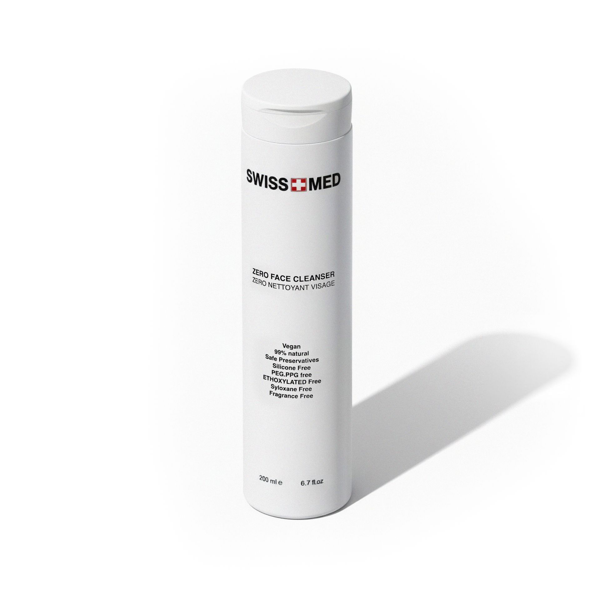 White cylindrical bottle of Swiss Med shampoo with a red cross logo.