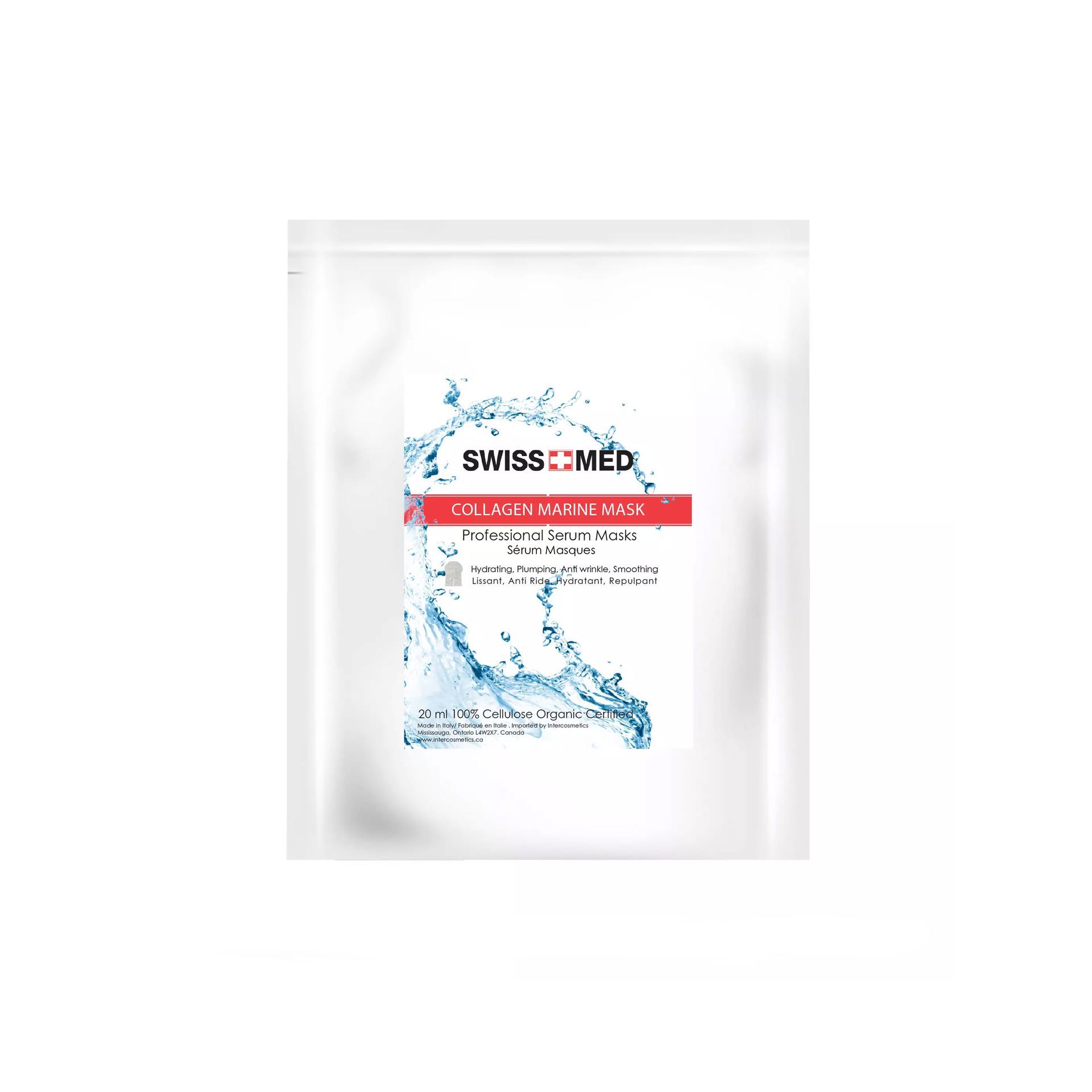 SwissMed facial mask packet with red and blue accents.