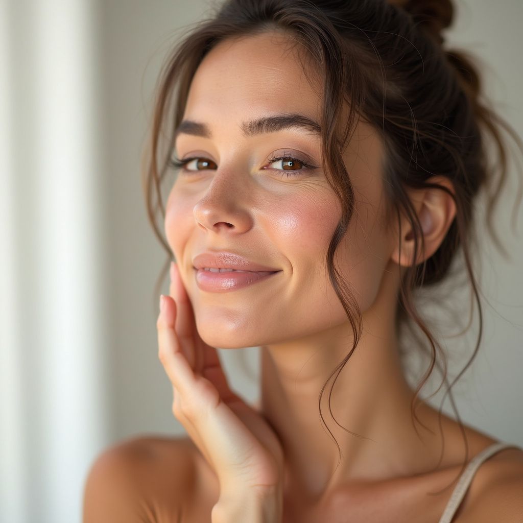 Woman with brown hair in a bun, smiling and touching her face, natural skin, beige top, indoor setting.