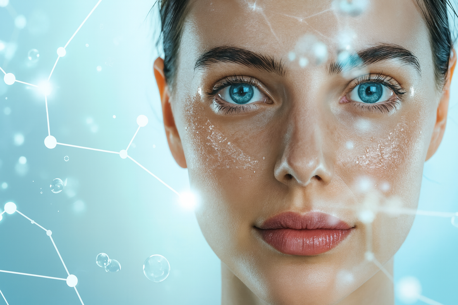 Woman with blue eyes and clear skin, with a network of molecules floating around her face.