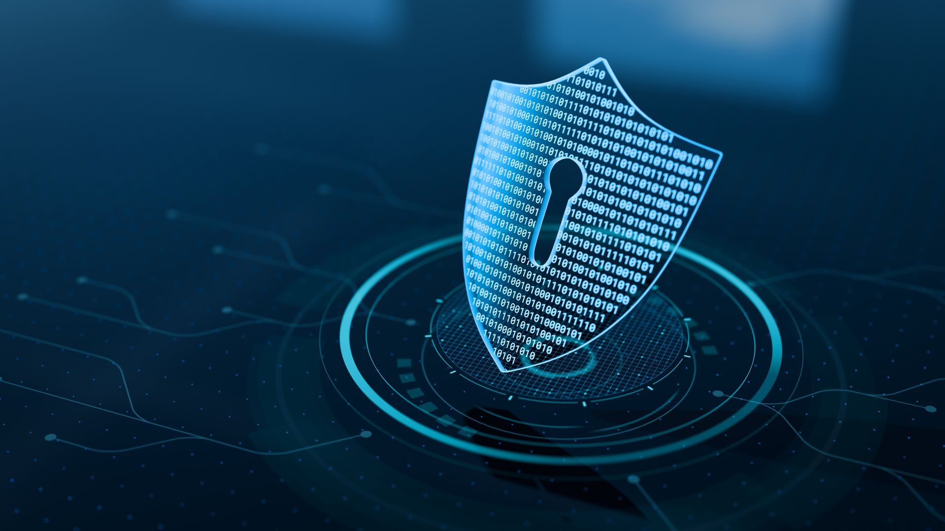 A digital shield with a keyhole in the middle of it.