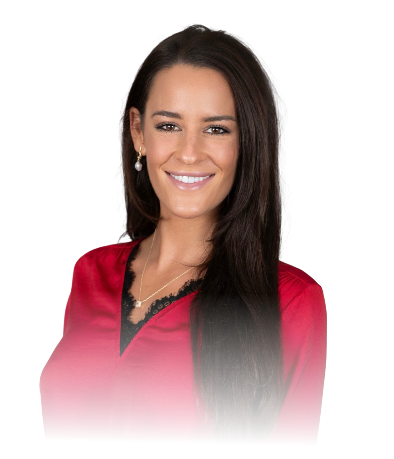 A woman in a red shirt is smiling for the camera