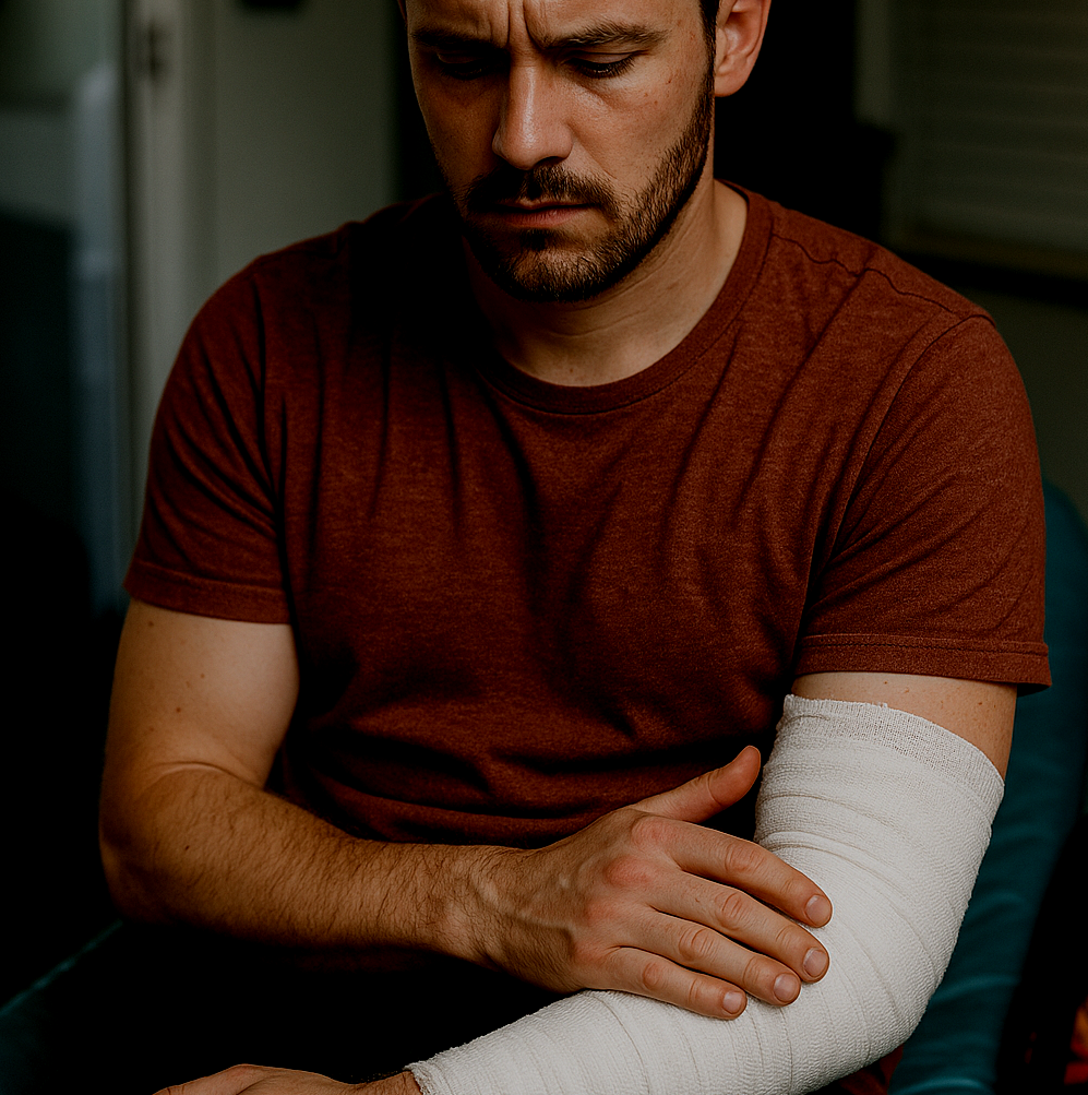 A man with a bandaged arm is sitting in a chair.