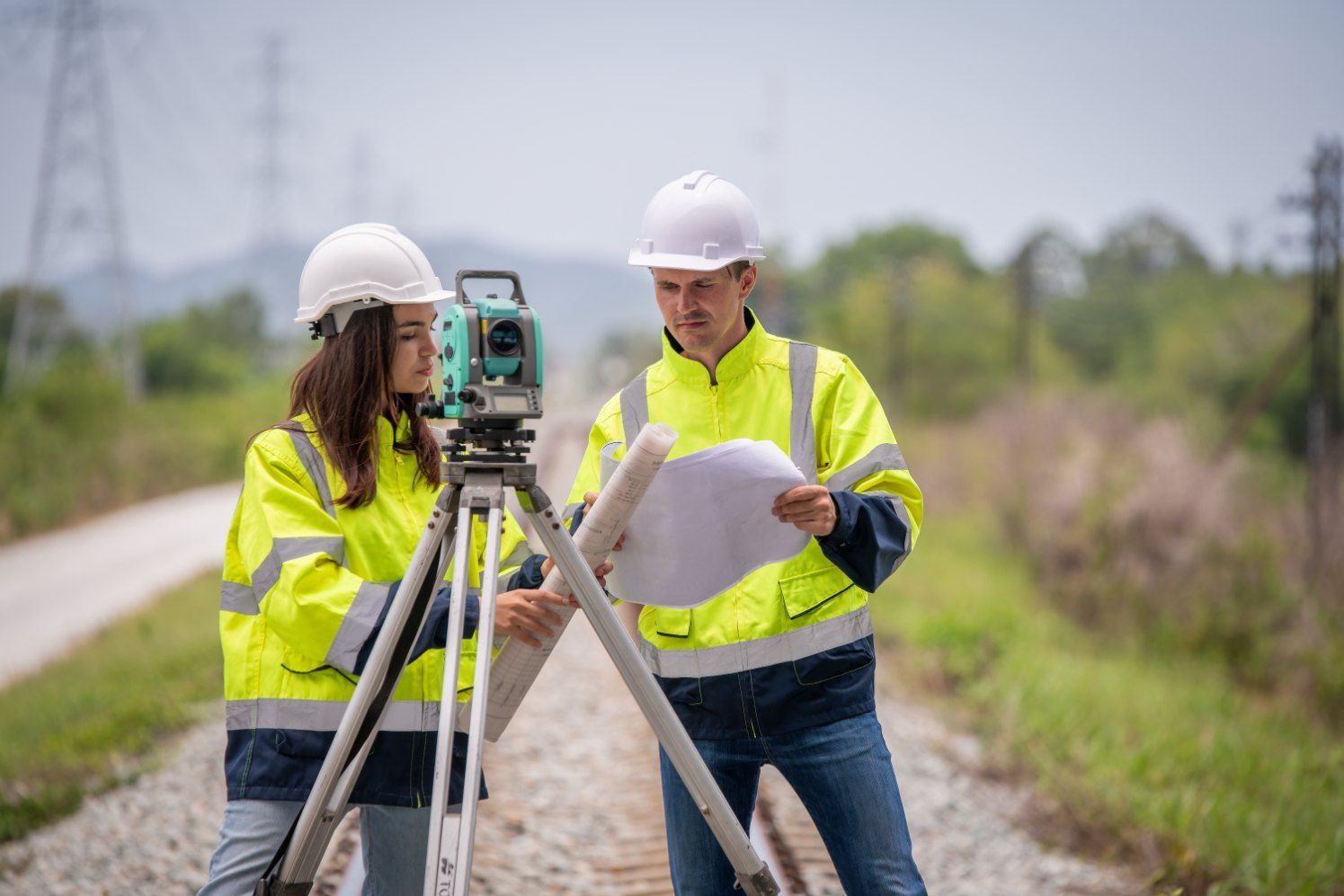 A Man and a Woman Are Standing Next to Each Other Looking at a Blueprint — Western Survey Pty Ltd In Dubbo, NSW