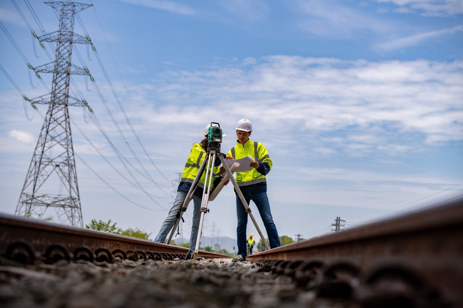 Two Men Are Standing on Train Tracks Looking at a Map — Western Survey Pty Ltd In Dubbo, NSW