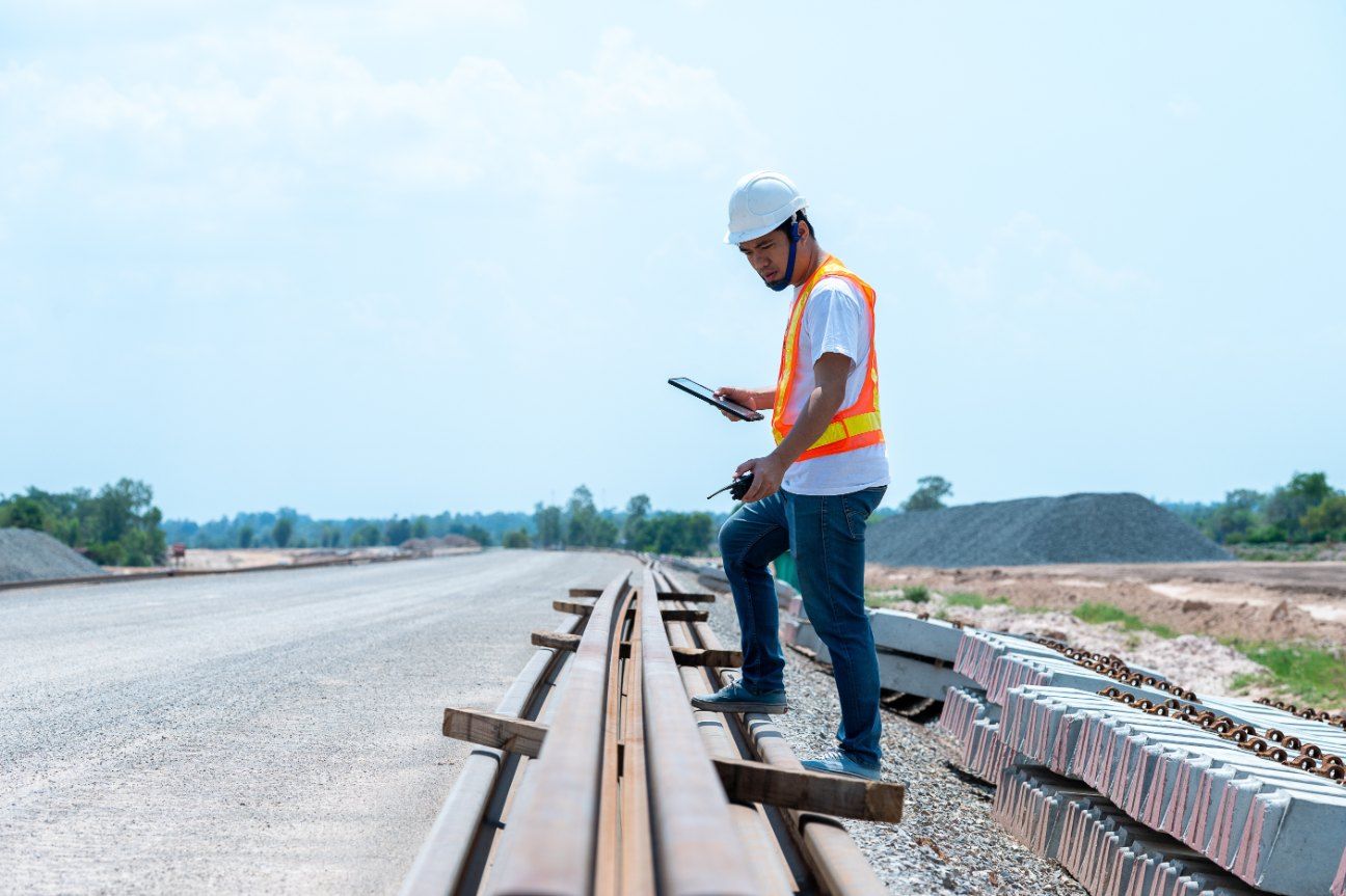 A Construction Worker is Standing on a Train Track Looking at a Tablet — Western Survey Pty Ltd In Dubbo, NSW