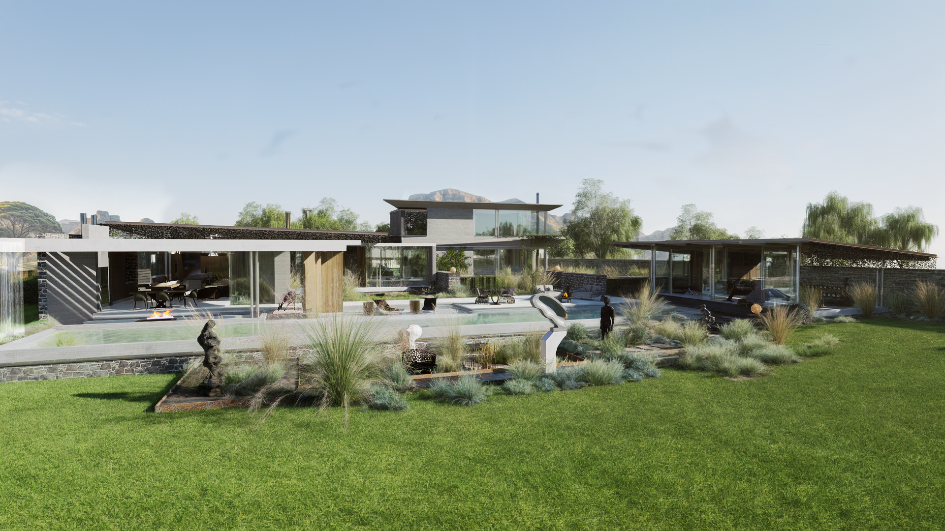 An artist 's impression of a modern house with a swimming pool in the backyard.