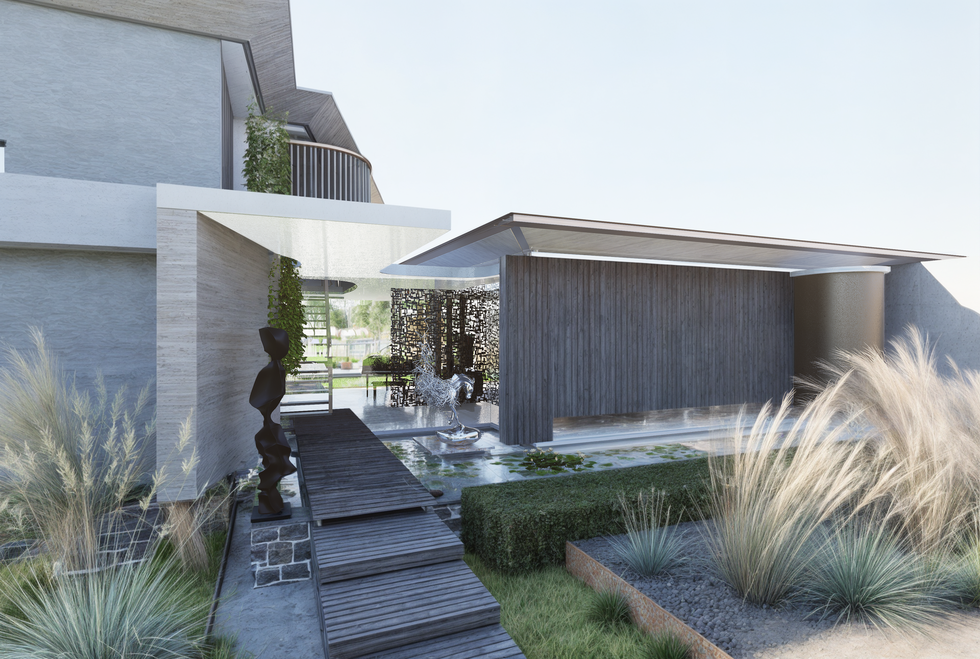 An artist 's impression of a modern house with a walkway leading to it.