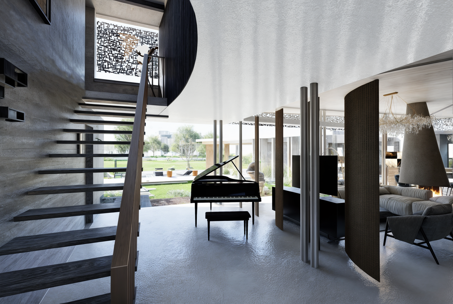 A living room with a spiral staircase and a piano