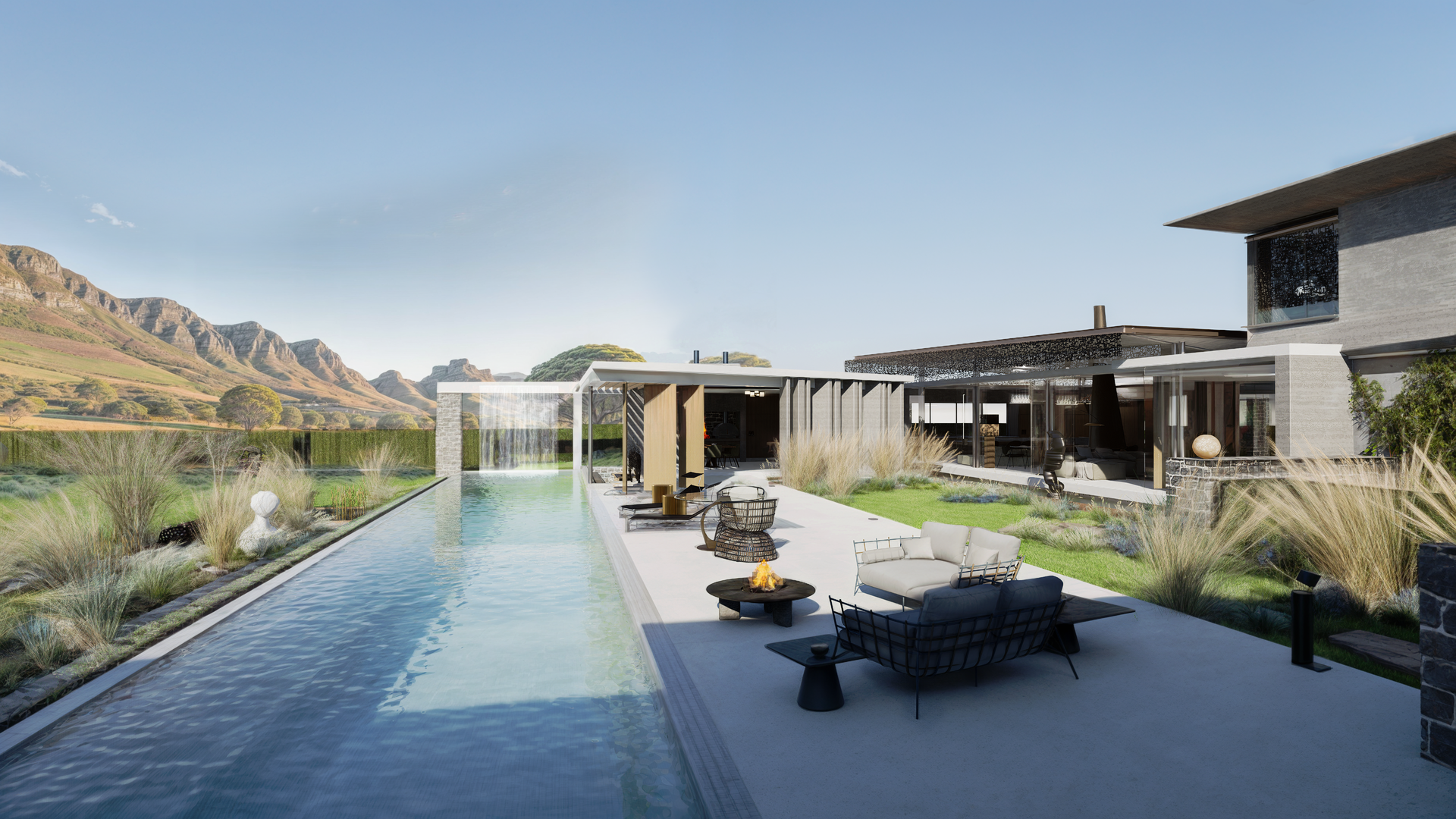 An artist 's impression of a modern house with a swimming pool and mountains in the background.