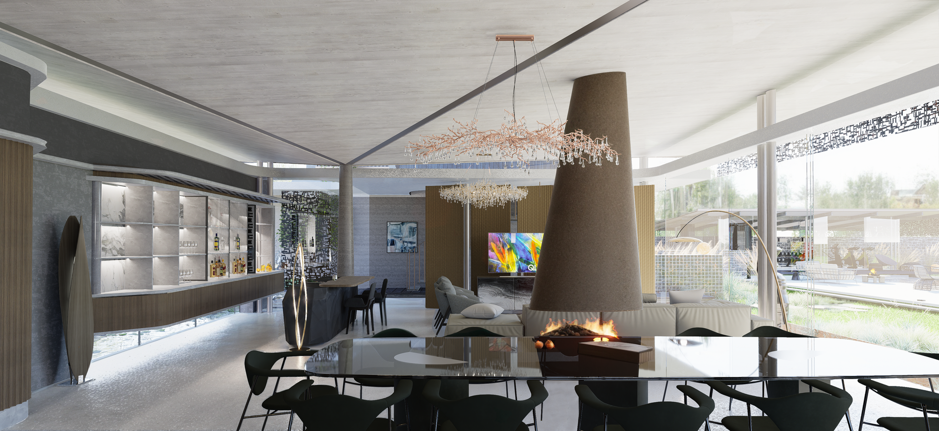 There is a fireplace in the middle of the room.