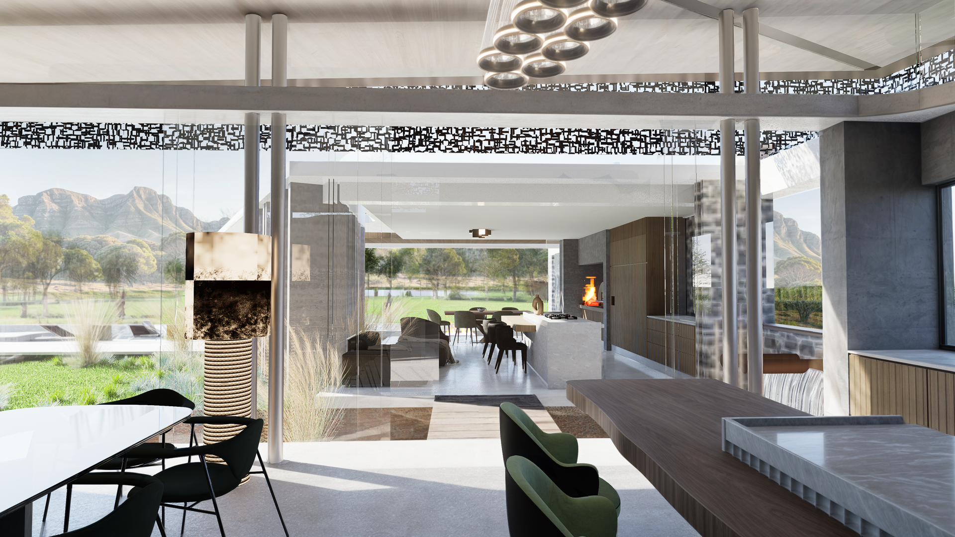 An artist 's impression of a modern house with a dining room and kitchen.