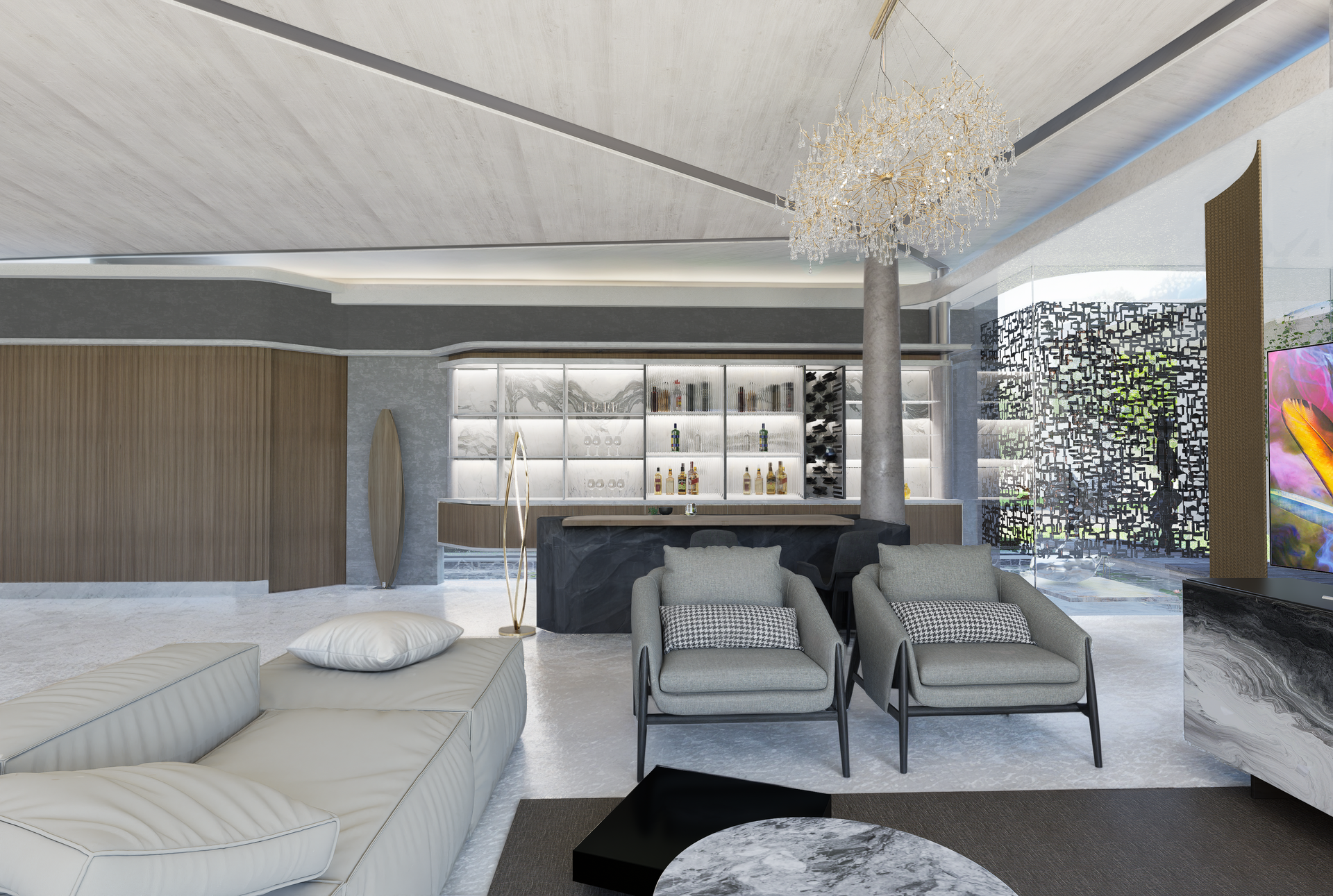 A living room with a couch and two chairs