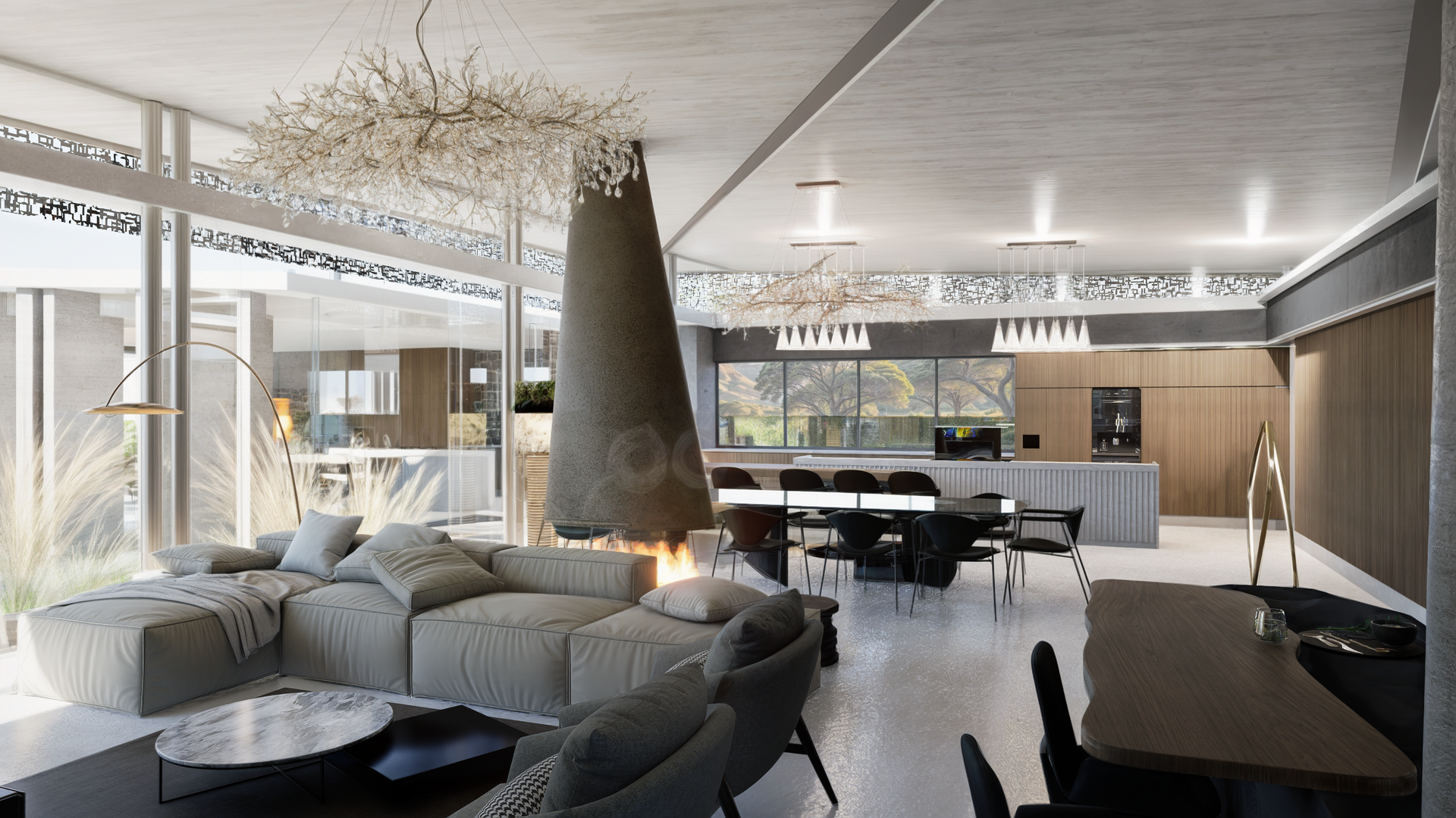 A living room with a couch , chairs , a table and a fireplace.