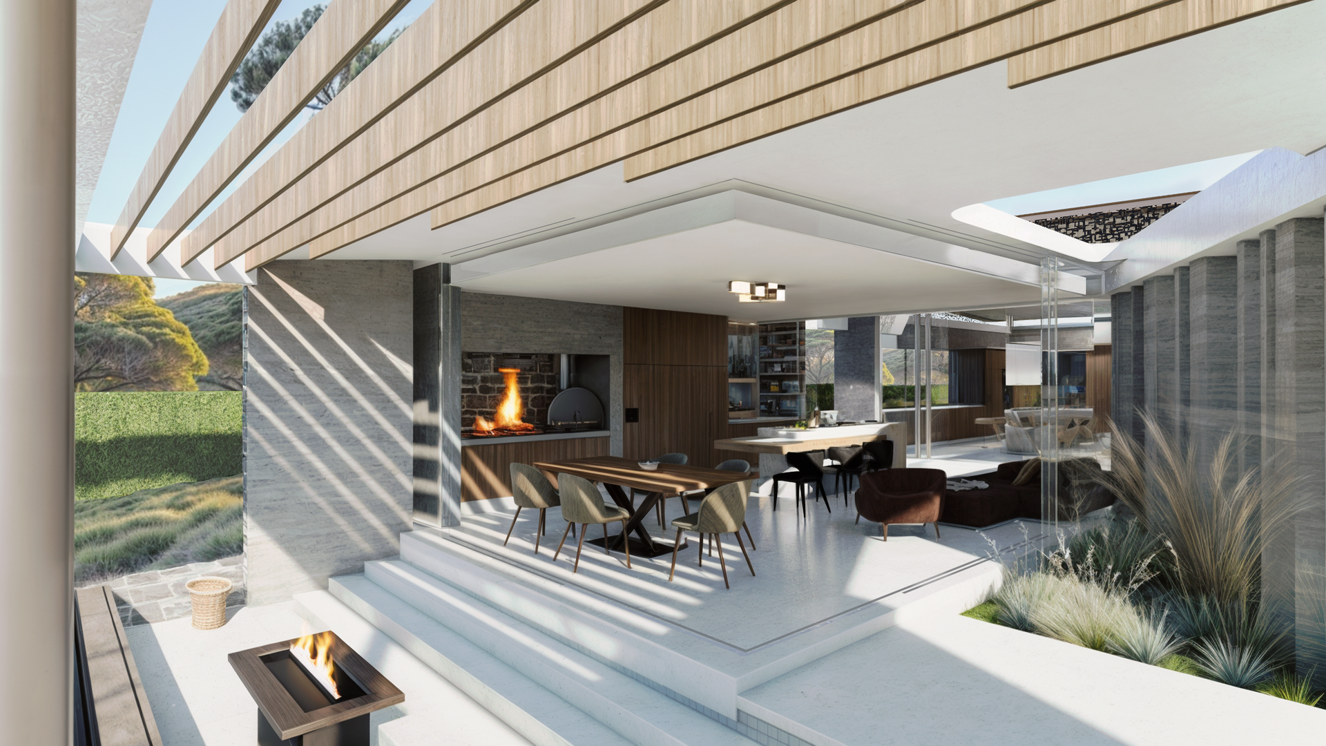 An artist 's impression of a modern house with a fireplace , dining table and chairs.