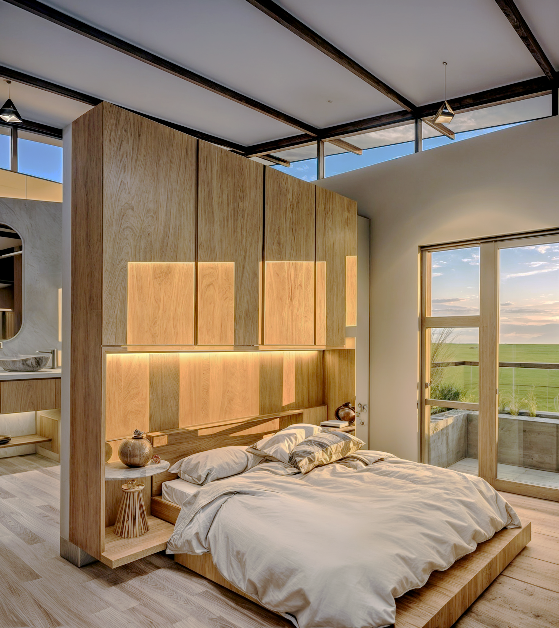 A bedroom with a large bed and a large window