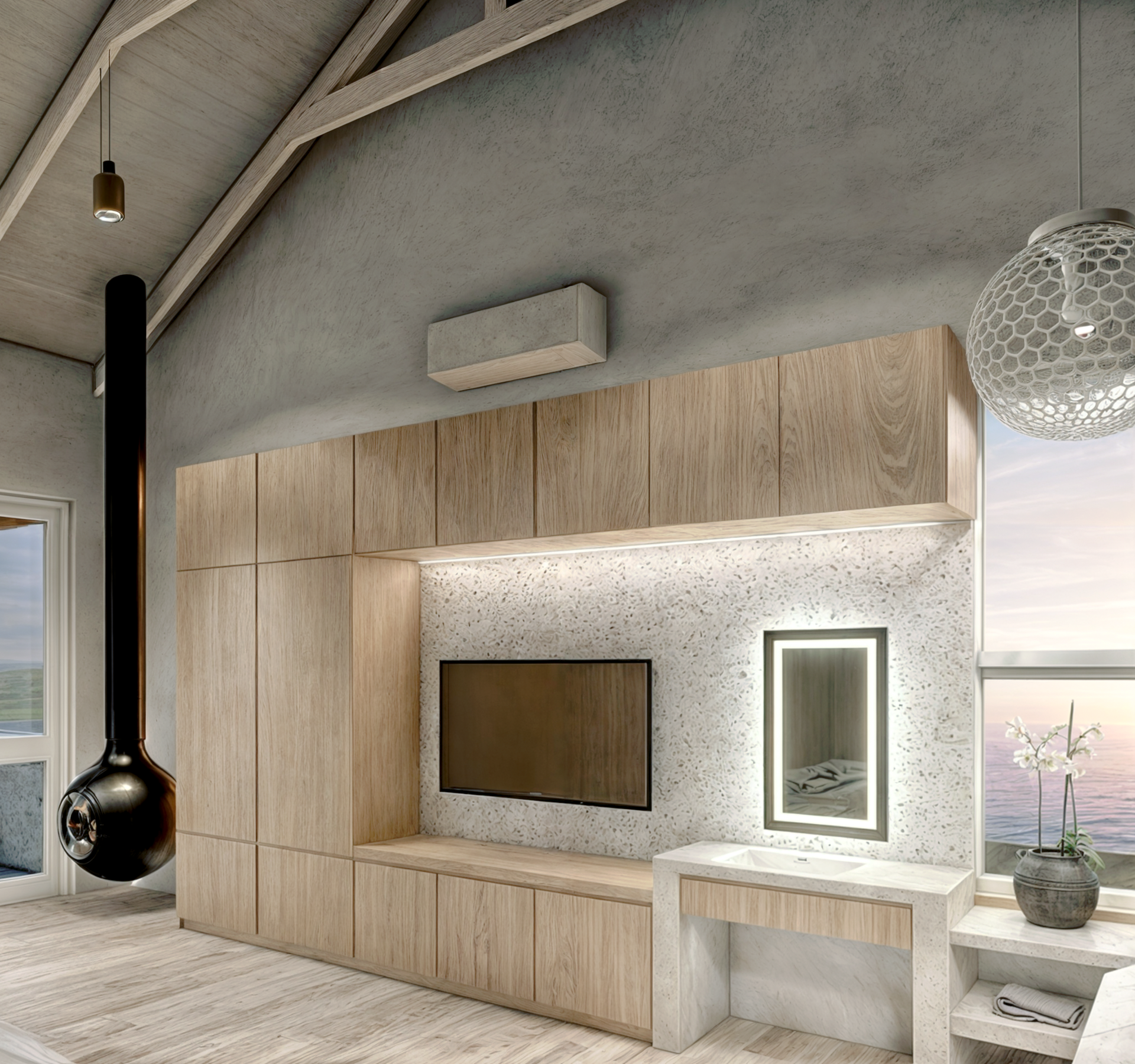 A living room with wooden cabinets and a flat screen tv