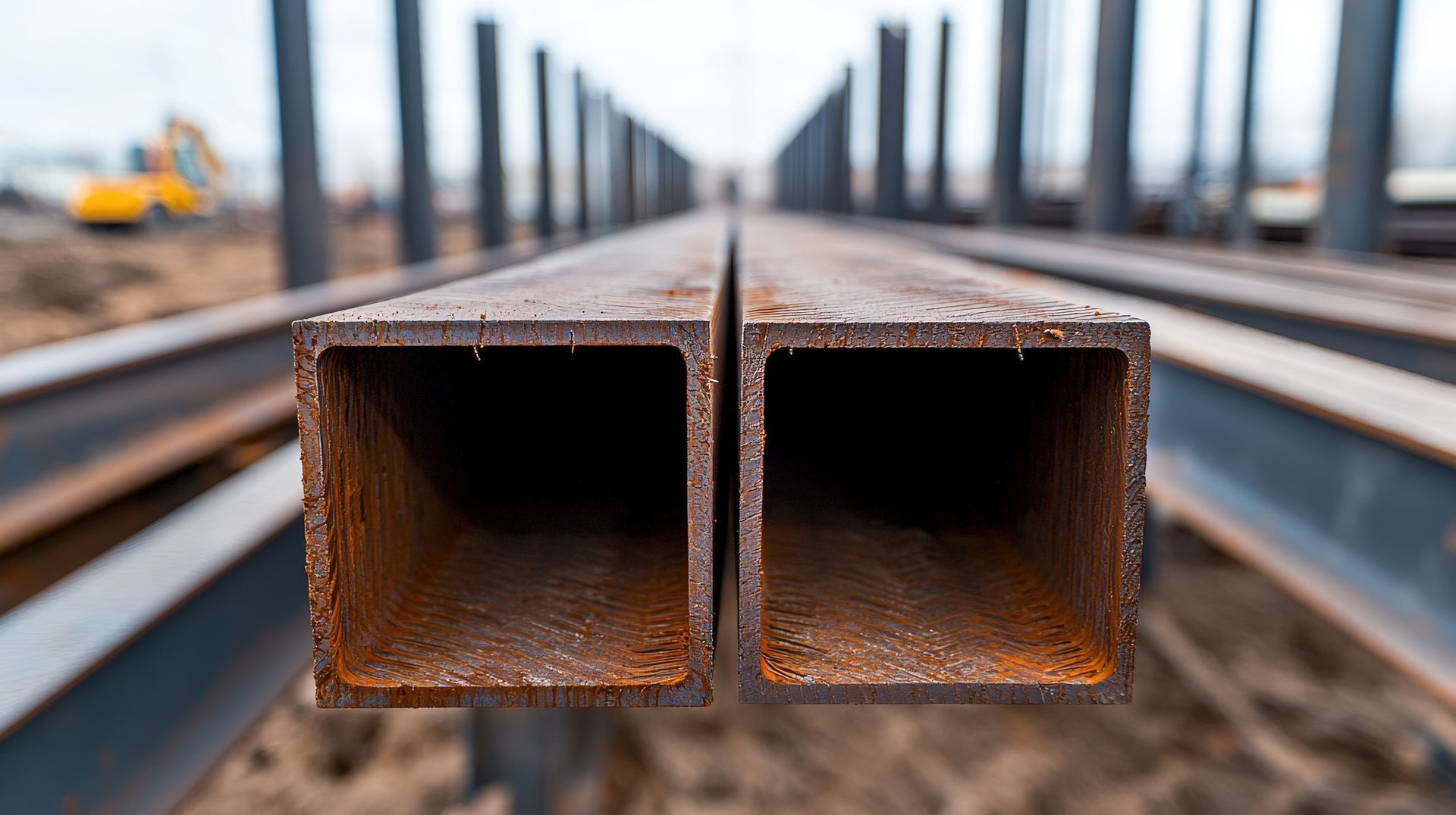 Heavy-duty foundation metal beam bracing steel pipes stacked for industrial building support. Heavy-duty foundation metal beam bracing steel pipes stacked for industrial building support.