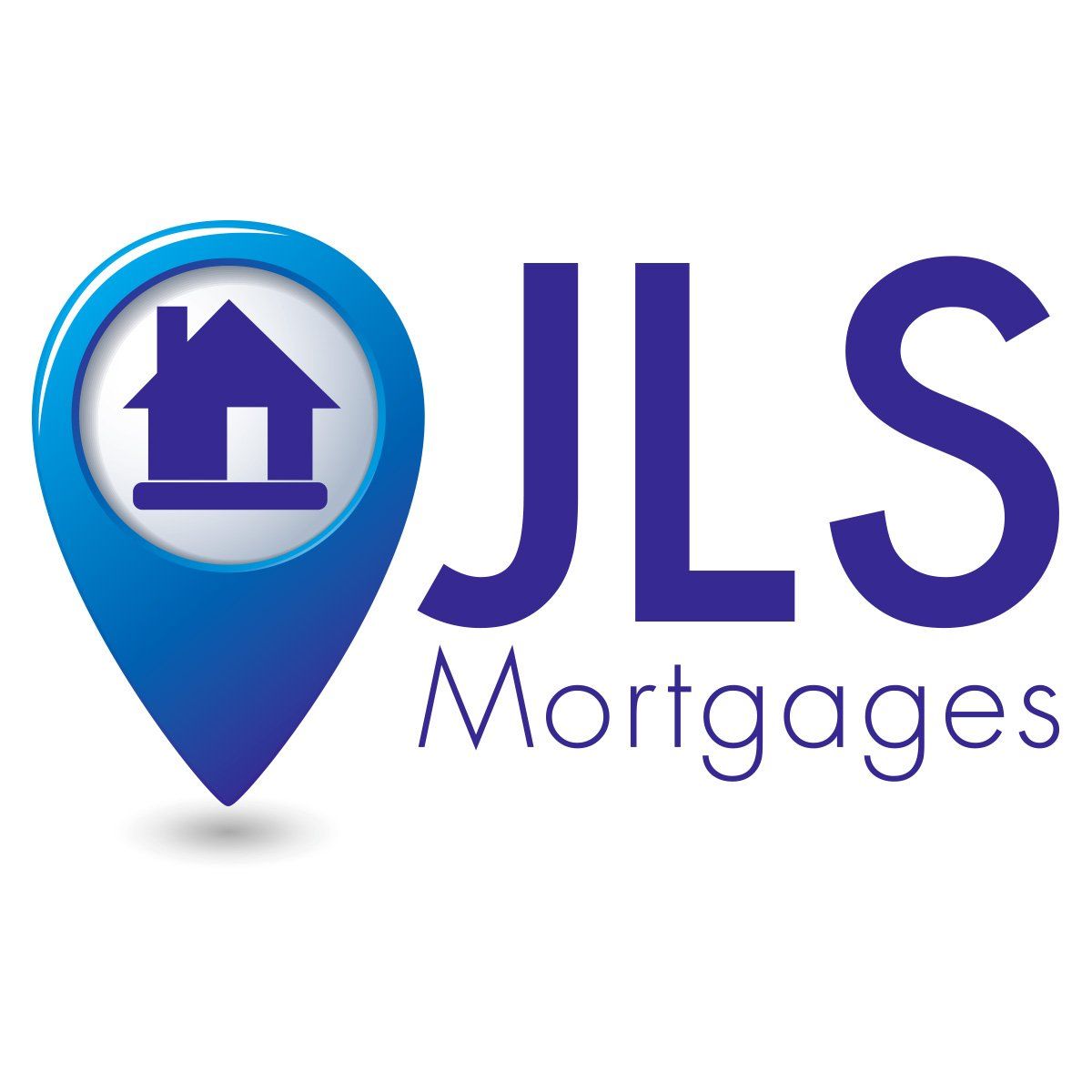 The logo for jls mortgages has a blue pin with a house on it