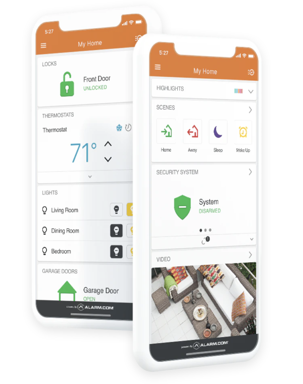 Two cell phones with a home automation app on them.