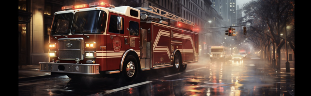 A fire truck is driving down a wet city street at night.