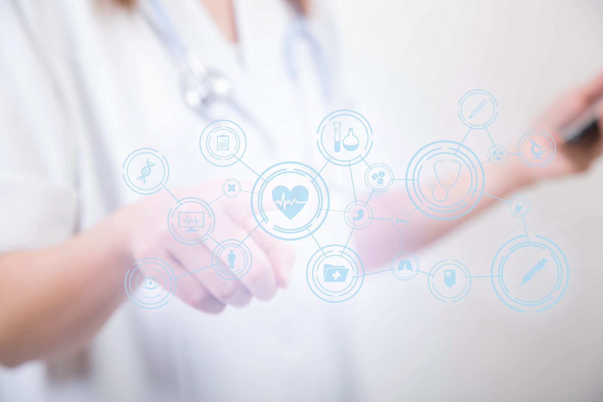 A doctor is using a smart phone with a stethoscope around her neck.