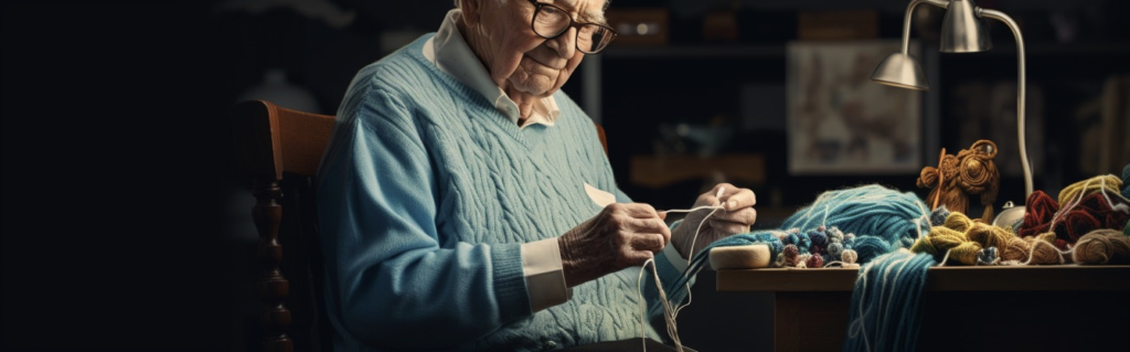 An elderly man is knitting at a table in a dark room.