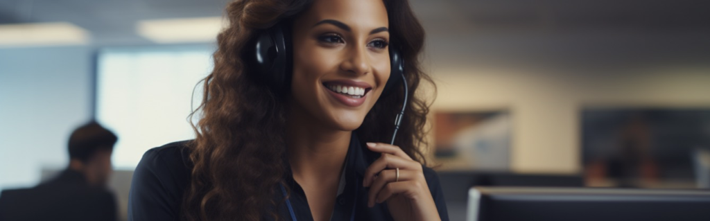 A woman wearing headphones is smiling while talking on a phone.