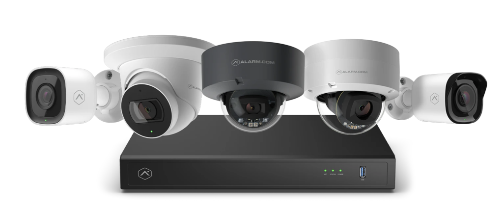 A group of security cameras sitting on top of a security system.