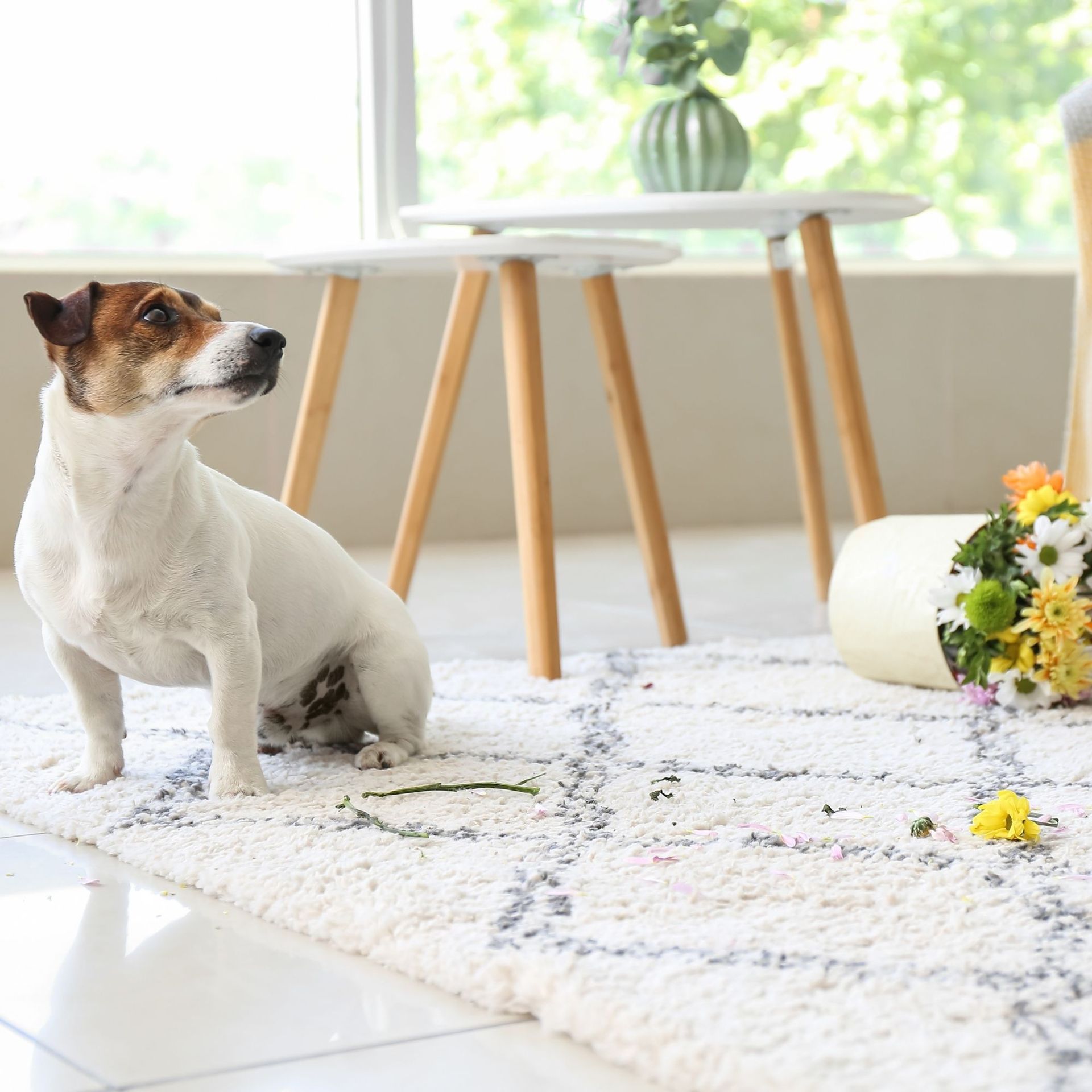 Professional Touch Carpet Upholstery Cleaning - A small dog is sitting on a rug in front of a window