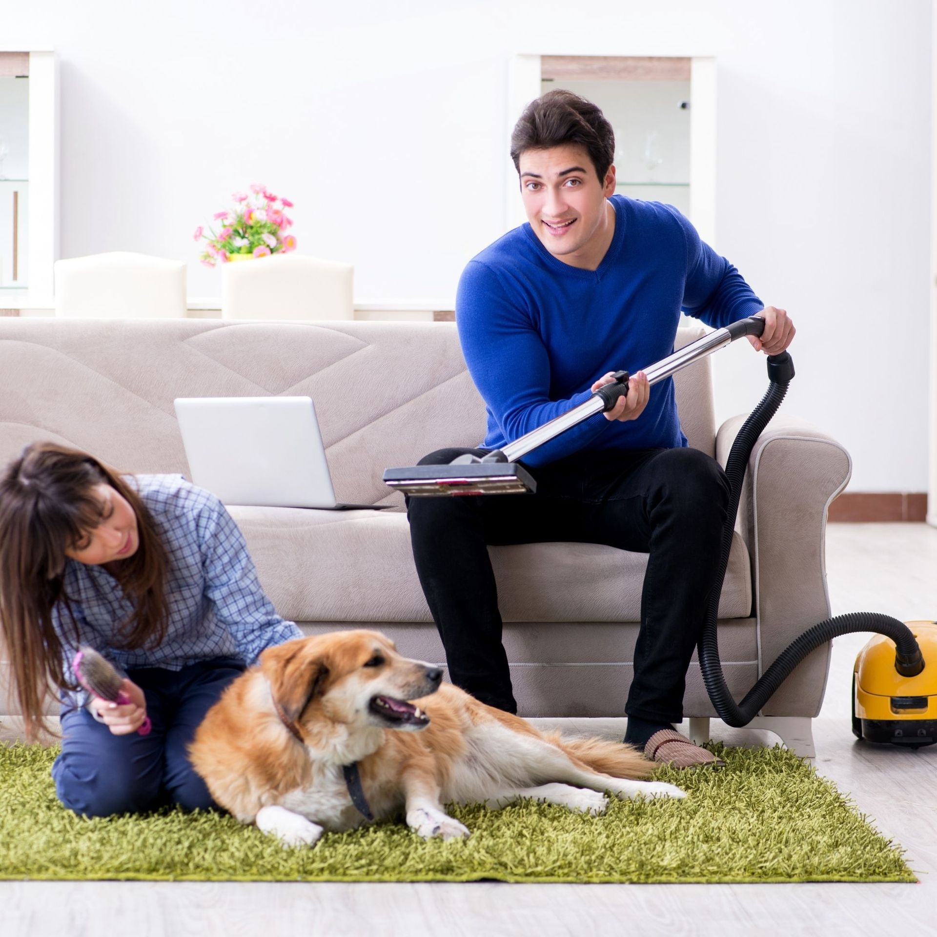 Professional Touch Carpet Upholstery Cleaning - A man is vacuuming the floor while a woman brushes a dog.