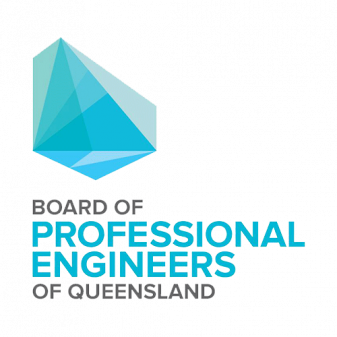 Board of Professional Engineers of Queensland logo. Abstract teal geometric shape above text on white.