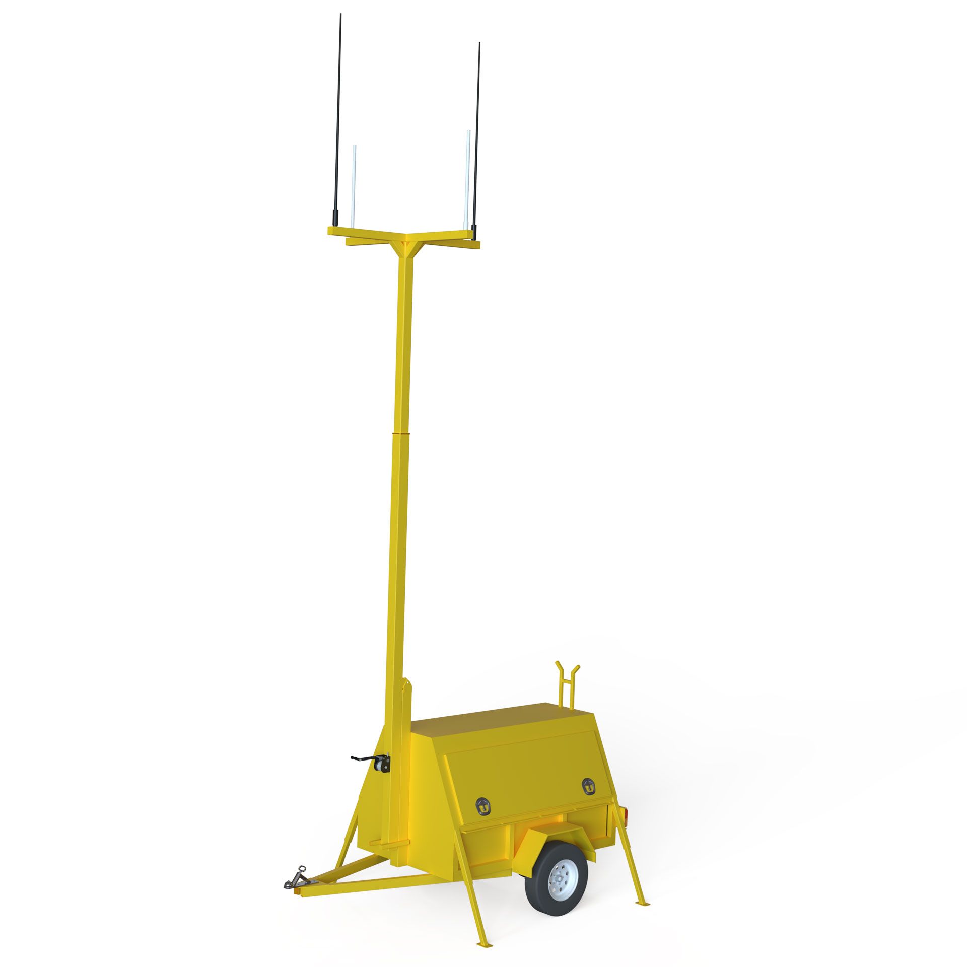 Yellow mobile light tower with raised telescoping mast and antennas, white background.