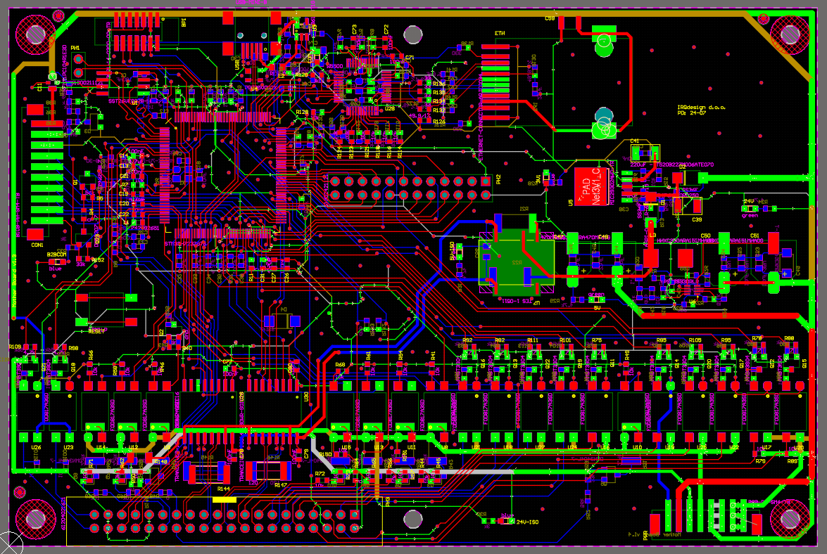 Printed circuit board (PCB) with complex circuitry, featuring red, green, and purple traces on a black background.