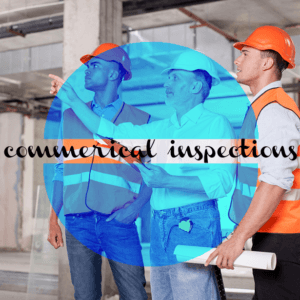 A group of men are standing in a room with the words commercial inspections on the bottom