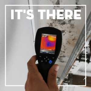 A person holding a thermal camera with the words it 's there above it