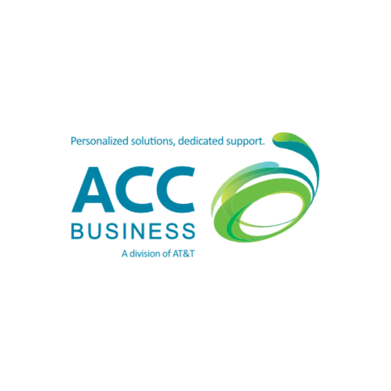 ACC Business logo. Turquoise and green text with a swirling green design element. It is a division of AT&T.