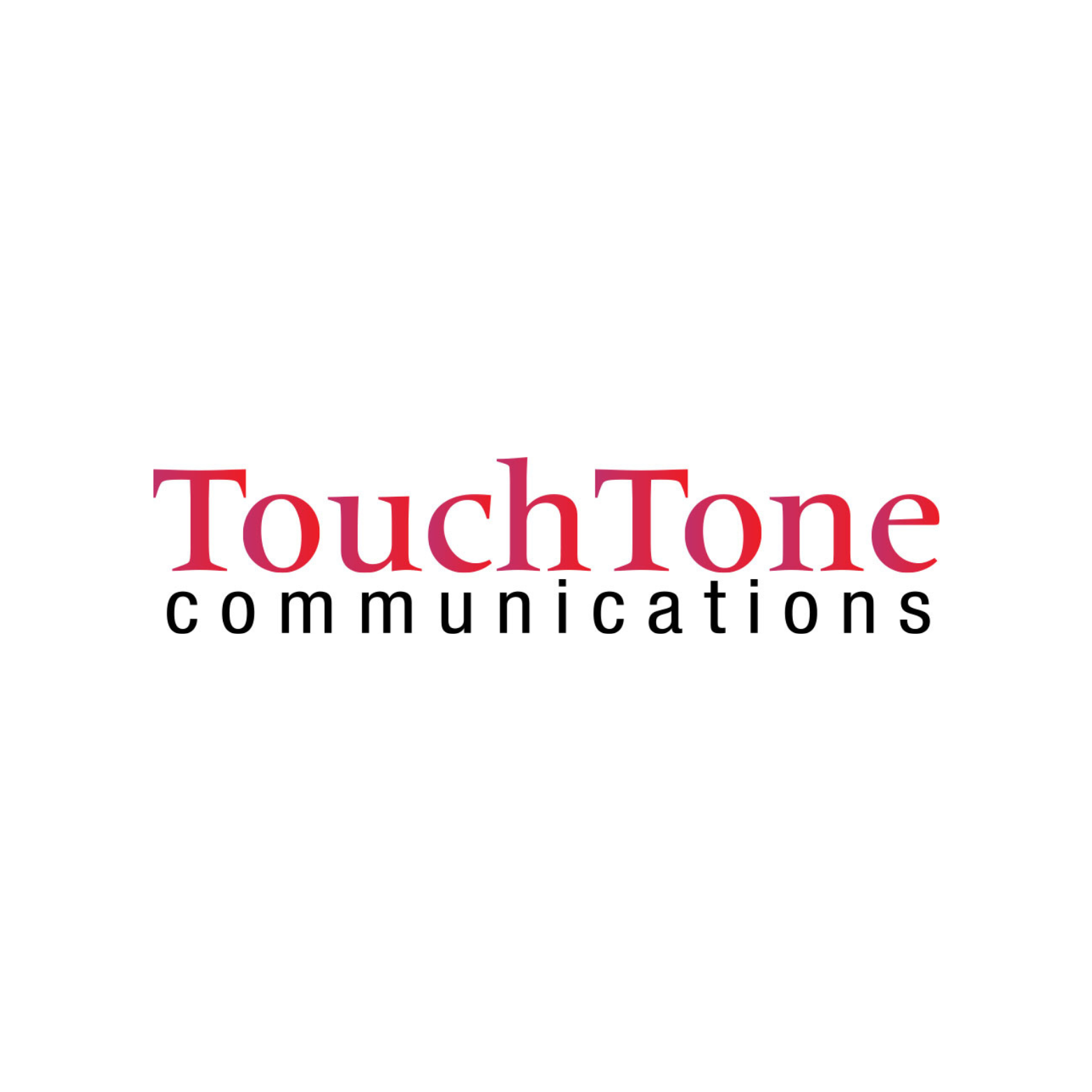 Logo for TouchTone Communications in a red and black font, white background.