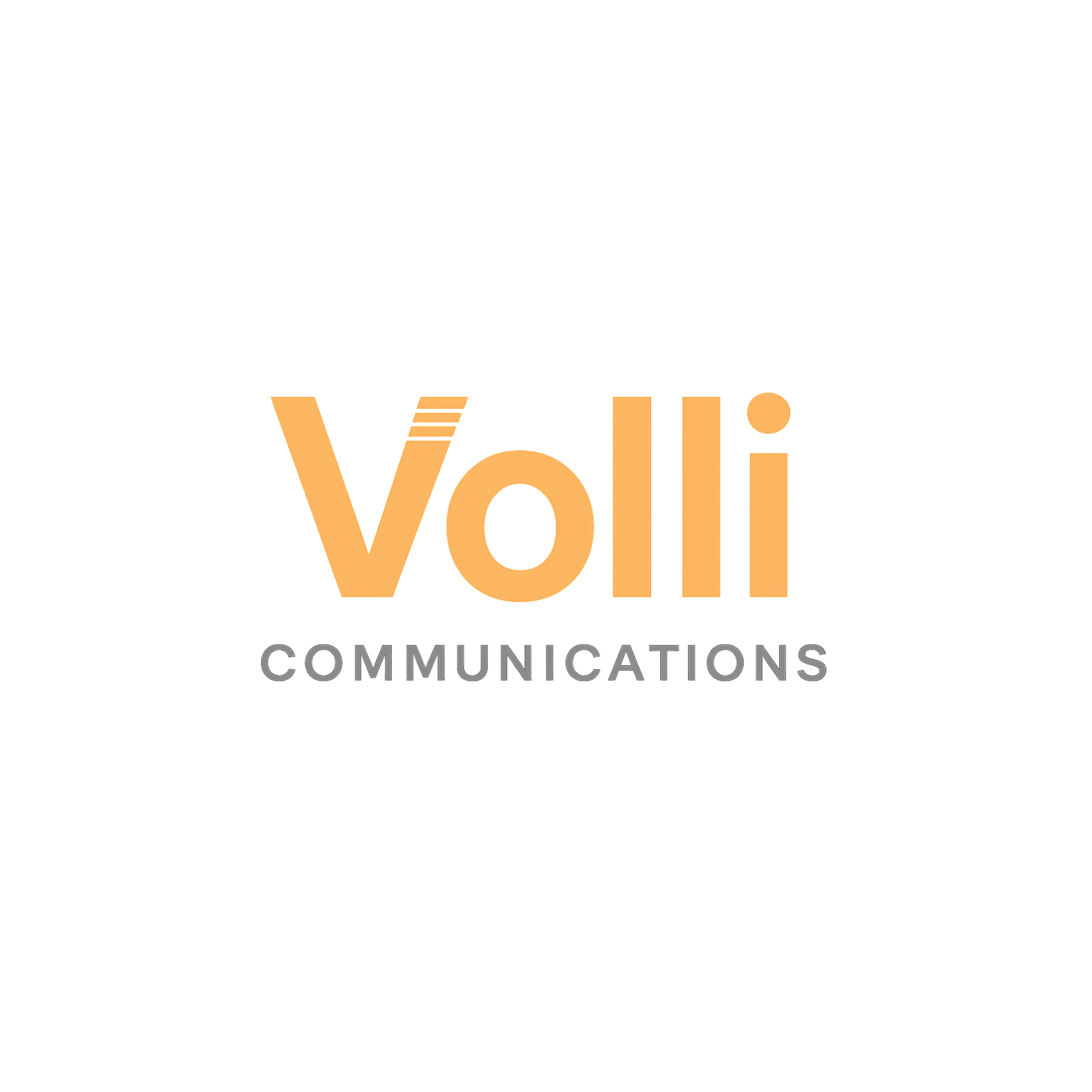 Logo for Volli Communications in orange text with three horizontal lines above the