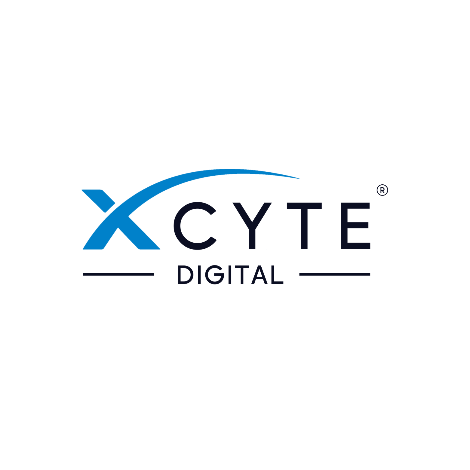 Logo of XCYTE DIGITAL: Blue “X” and curved arc over “CYTE”, with the word