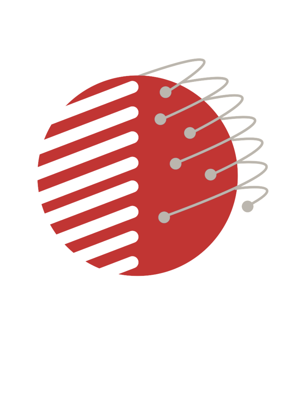 Red and white striped circle with a series of grey dots connected by curved lines, suggesting a global network.